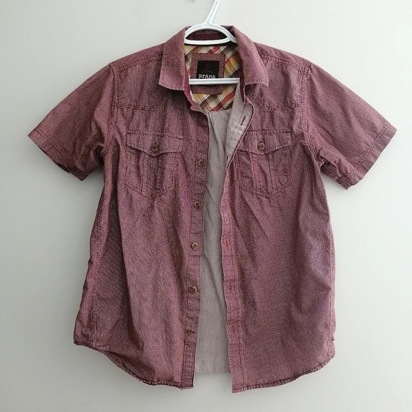 Prana Men's Borla Short Sleeve Button Up Chest Pockets Red Micro Dots Small - Picture 4 of 16